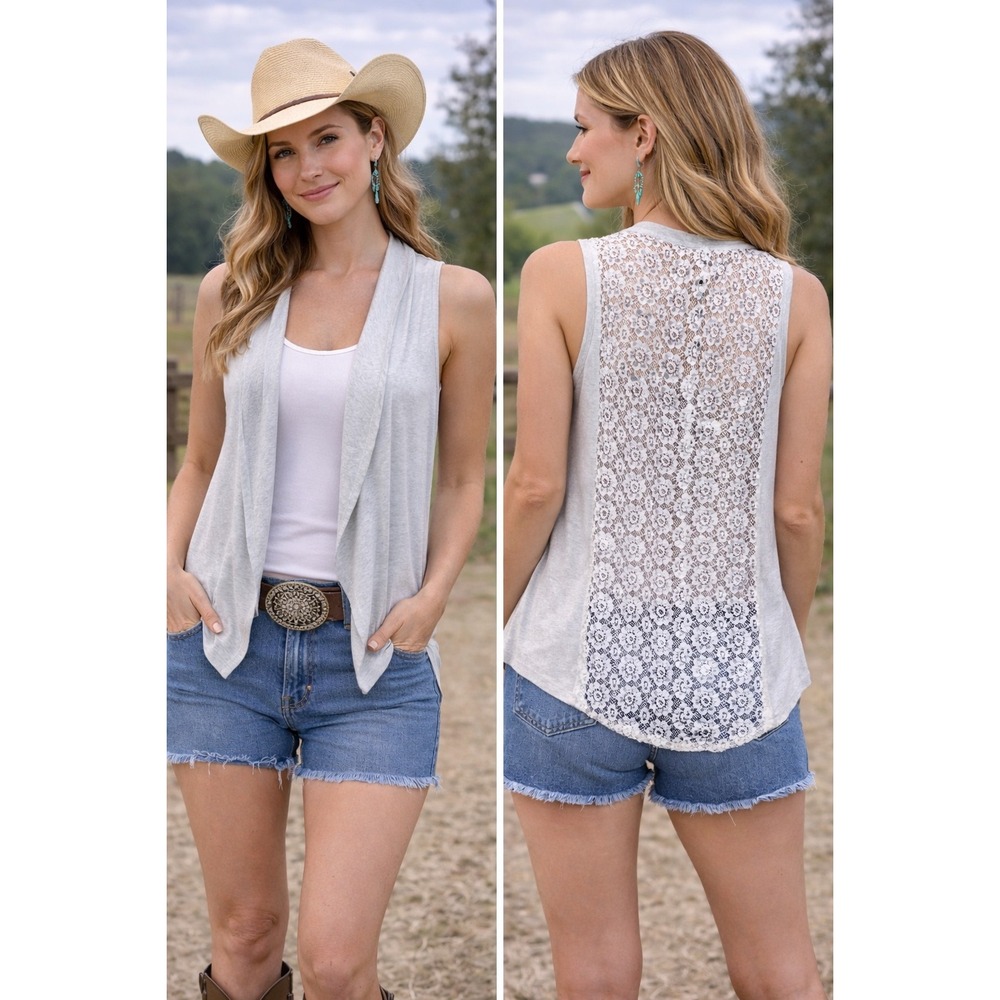 Shyanne Womens Gray Lace Back Open Front Vest Cotton Crochet Boho Western fairy